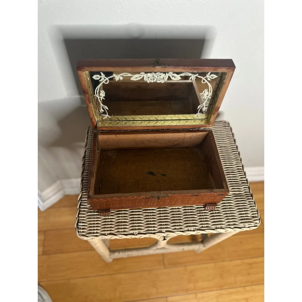 Vintage Hand Carved Cedar Wood Jewelry Box etched Mirror Windmill Footed 50s